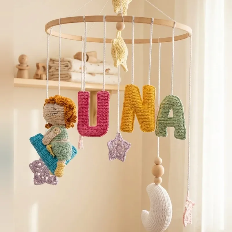 Móvil de cuna personalizado Sueños Mágicos en crochet con nombre Duna, amigurumis y estrellas colgantes sobre aro de madera.