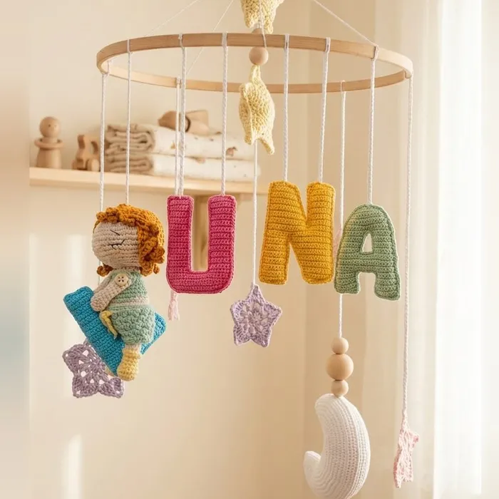 Móvil de cuna personalizado Sueños Mágicos en crochet con nombre Duna, amigurumis y estrellas colgantes sobre aro de madera.